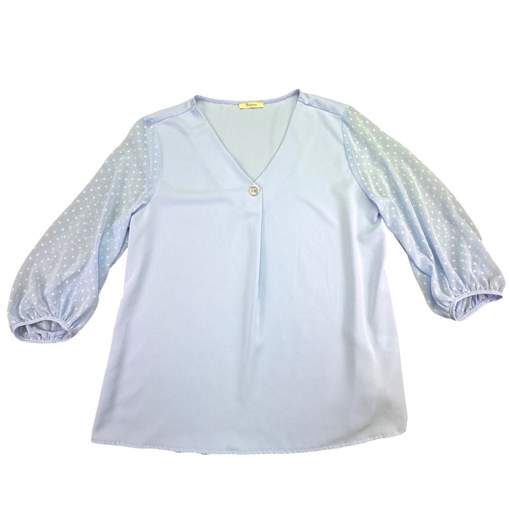 Bebonnie Shirt Women's Size XL Light Blue Polka Dot Sleeve V‎ Neck Blouse Top